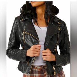 We the Free by Free People Vegan Leather Moto Biker Jacket Hoodie Crop Harriett